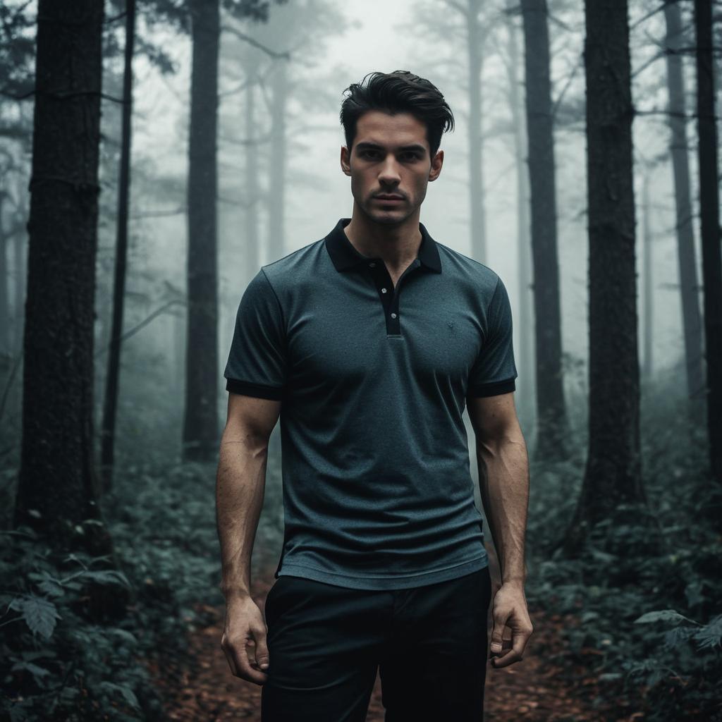 Confident Young Man on Misty Forest Path