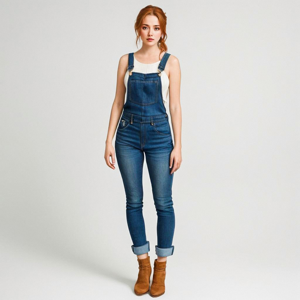 Young Woman in Denim Overalls and Ankle Boots