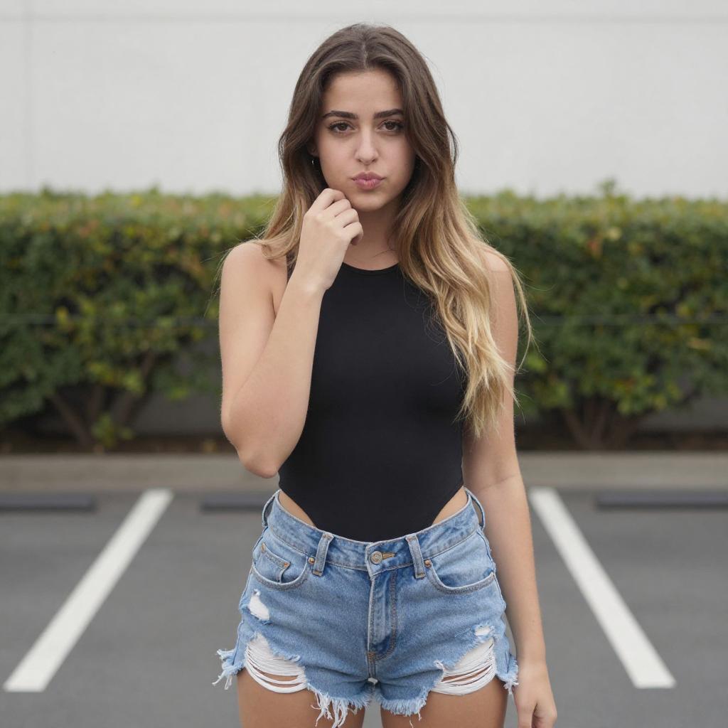 Confident Young Woman in Black Bodysuit and Ripped Denim Shorts in Parking Lot