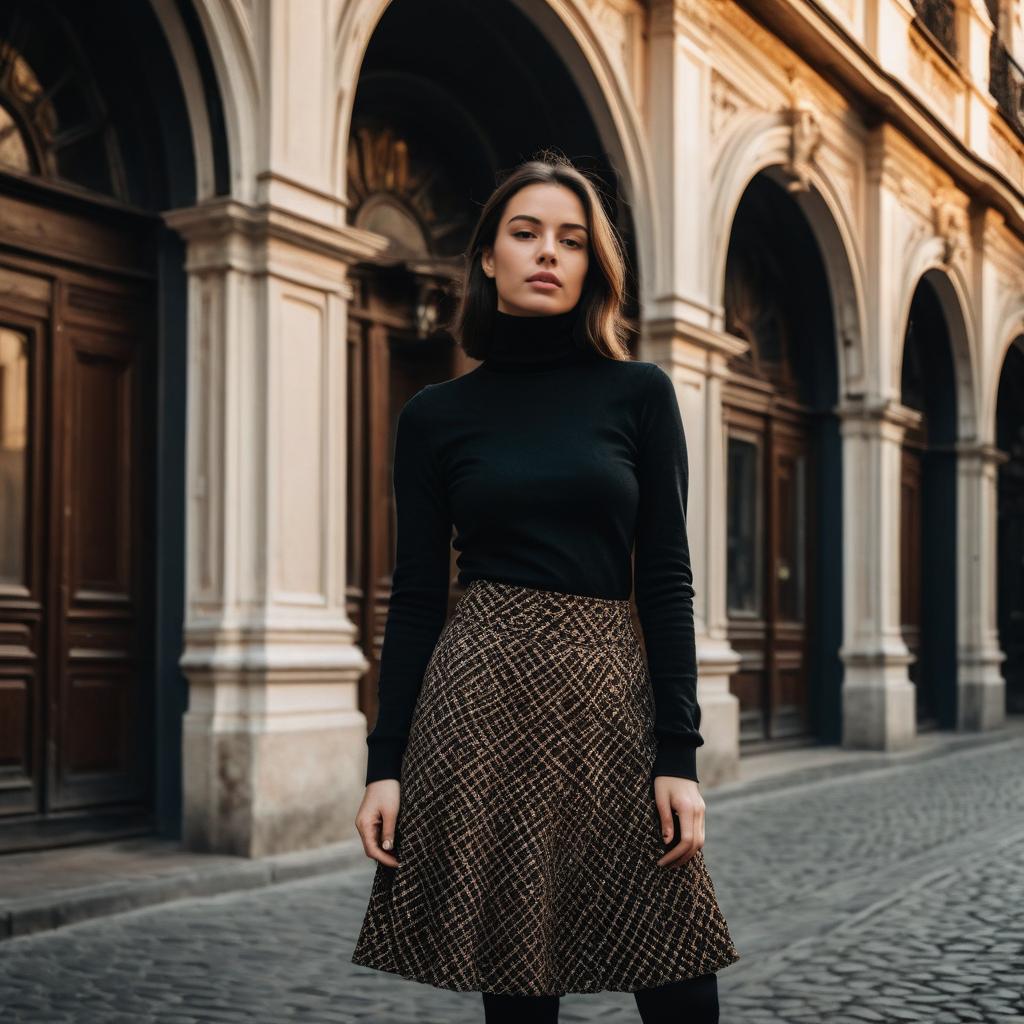 Stylish Woman in Black Turtleneck and Patterned Skirt on Cobblestone Street