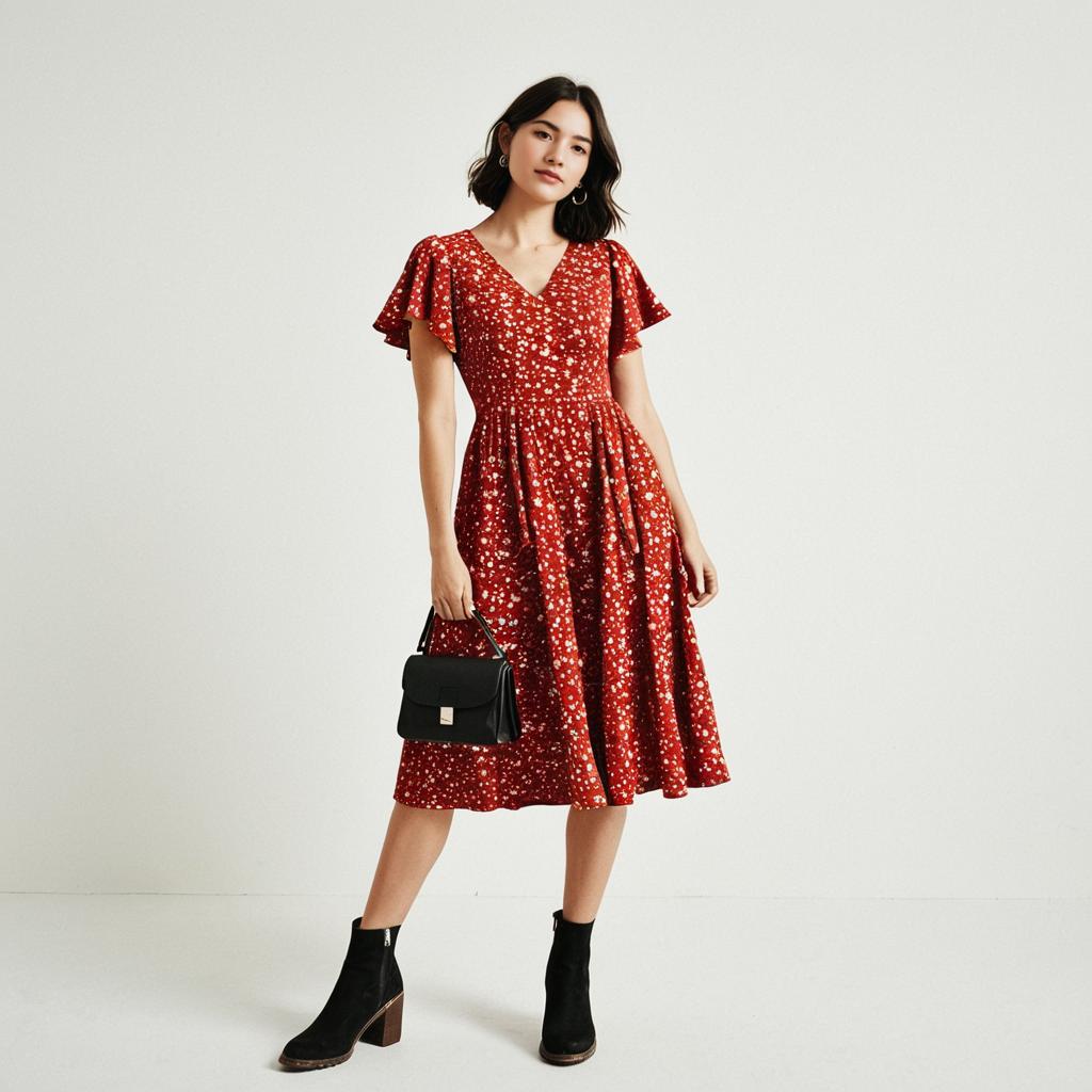 Woman in Vintage Red Midi Dress with Floral Print