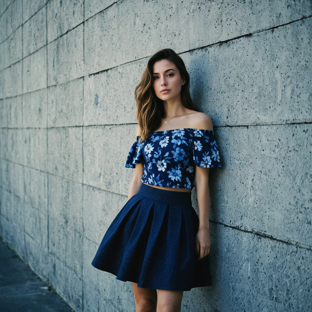 Young Woman in Floral Top and Pleated Skirt