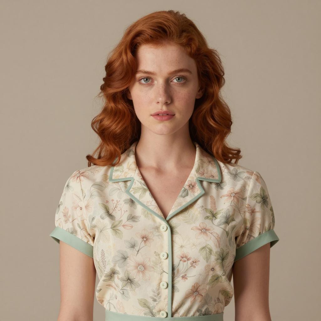 Red Haired Woman in Vintage Floral Blouse Portrait