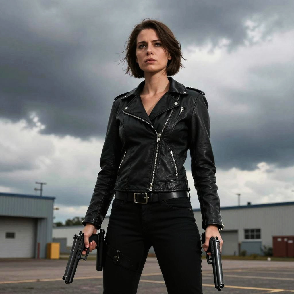 Woman in Black Leather Jacket Holding Guns Outdoors with Moody Sky