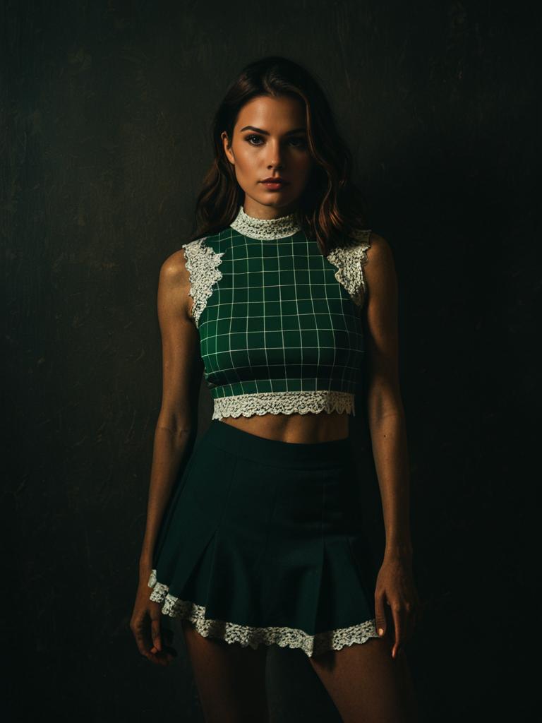 Woman in Modern Urban Green Grid Pattern Crop Top and Skirt with Lace Trim