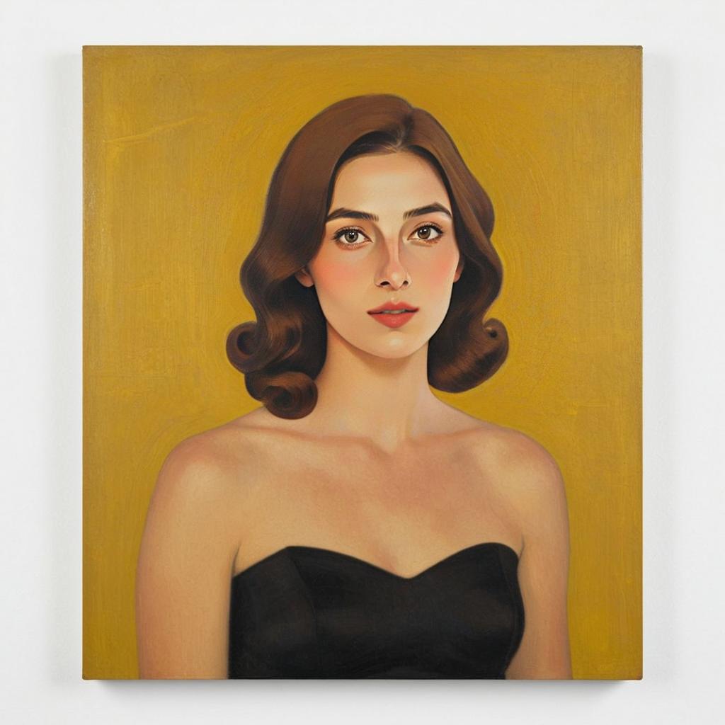 Portrait of Woman with Vintage Waves in Black Top on Mustard Background