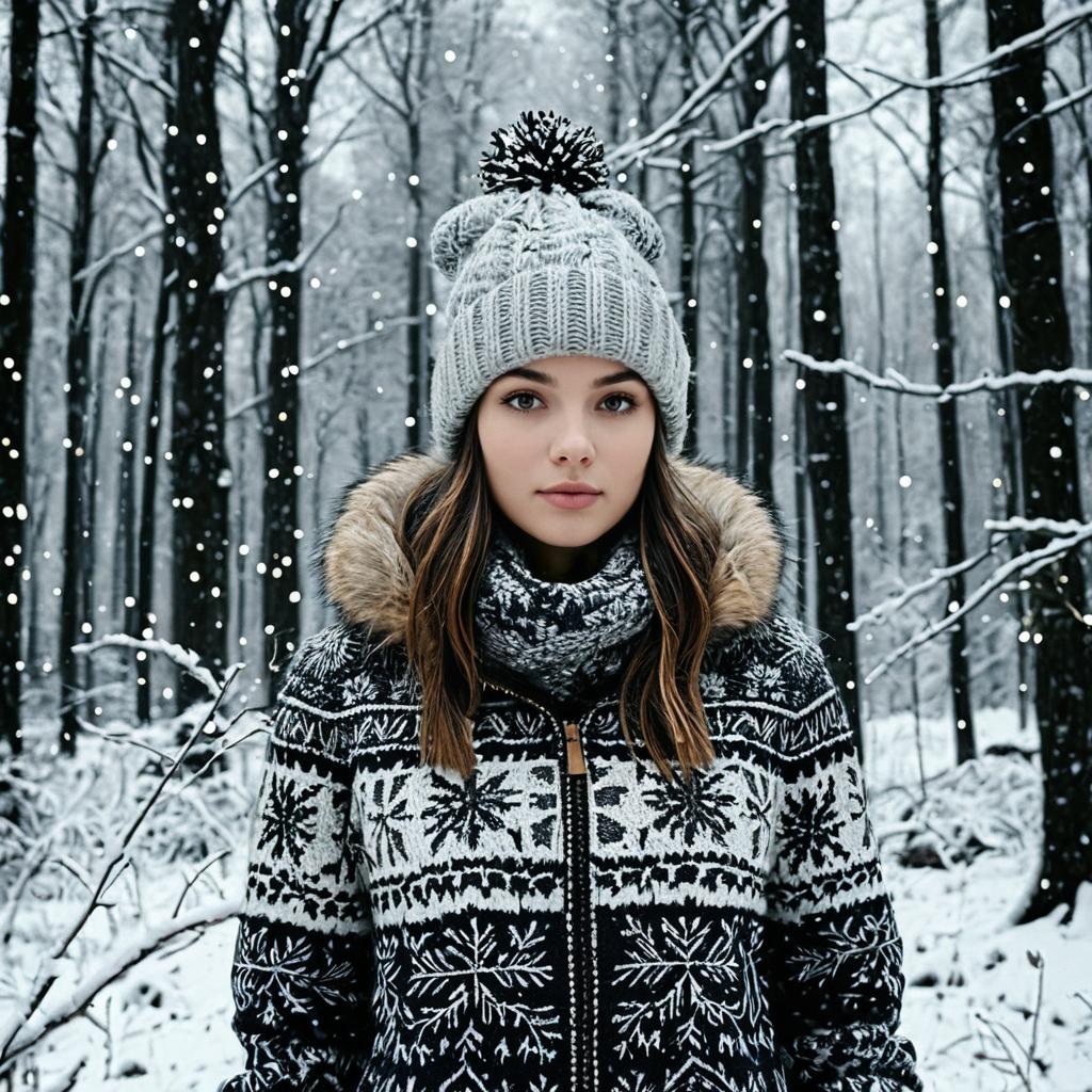 Young Woman in Knitted Hat and Patterned Winter Jacket in Snowy Forest