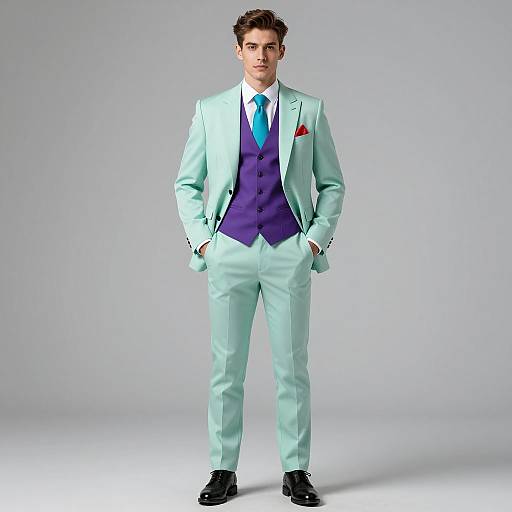 Young Man Wearing Stylish Mint Green Suit with Purple Vest and Turquoise Tie