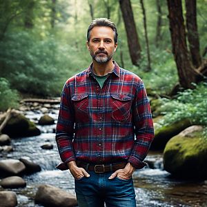 Man in Plaid Shirt in Serene Forest