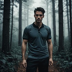 Confident Young Man on Misty Forest Path