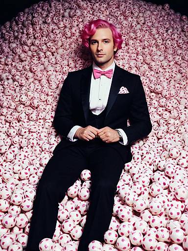 Man with Pink Hair in Candyland Costume Sitting Among Heart-Patterned Balls