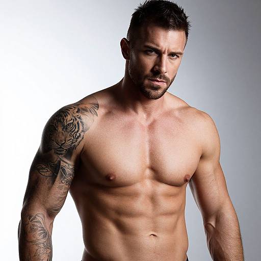 Muscular Shirtless Man with Tiger Tattoo on Arm