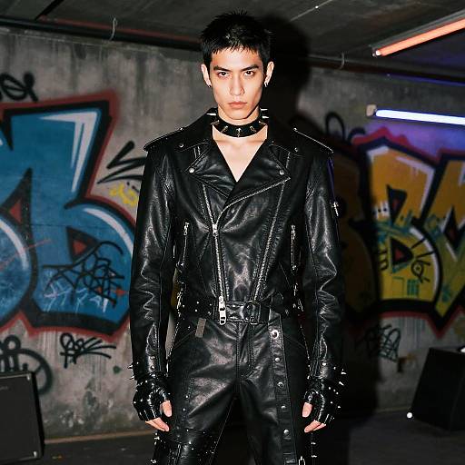 Young Man in Punk Leather Outfit with Studded Accessories Against Graffiti Wall