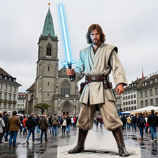Jedi Warrior with Blue Lightsaber in Urban European Square