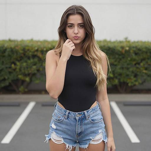 Confident Young Woman in Black Bodysuit and Ripped Denim Shorts in Parking Lot