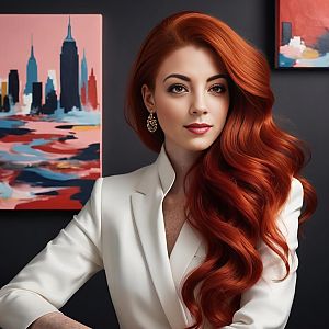 Confident Woman in White Blazer with Red Hair