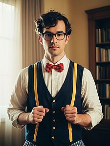 Man in Nerd Costume with Red Bow Tie and Suspenders Cinematic Realism Cosplay