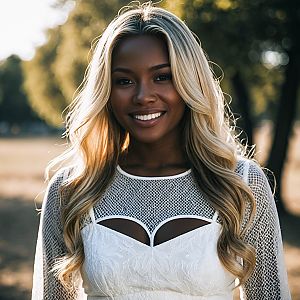 Smiling Woman in White Dress Outdoors