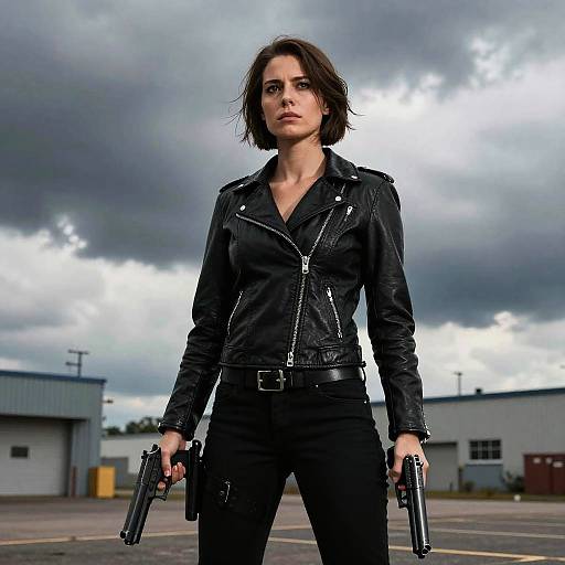 Woman in Black Leather Jacket Holding Guns Outdoors with Moody Sky