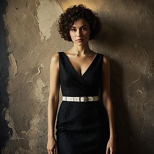 Elegant Woman in Black Dress with White Belt Standing by Textured Wall