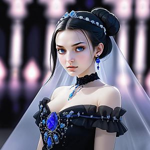 Elegant Portrait of Woman in Black Dress with Blue Gemstones