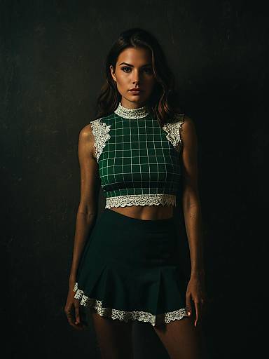 Woman in Modern Urban Green Grid Pattern Crop Top and Skirt with Lace Trim