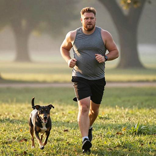 Man Jogging in Park with Dog on Early Morning