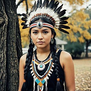 Young Woman in Native American Headdress Outdoors