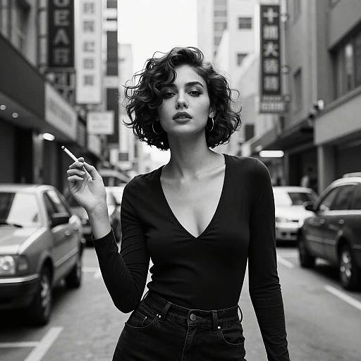 Confident Woman Smoking on Urban Street in Black and White