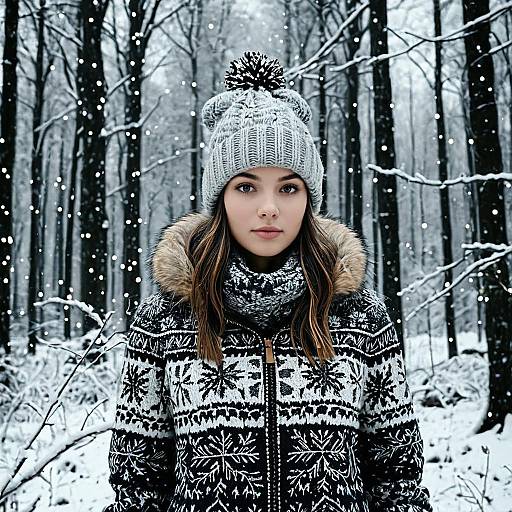 Young Woman in Knitted Hat and Patterned Winter Jacket in Snowy Forest