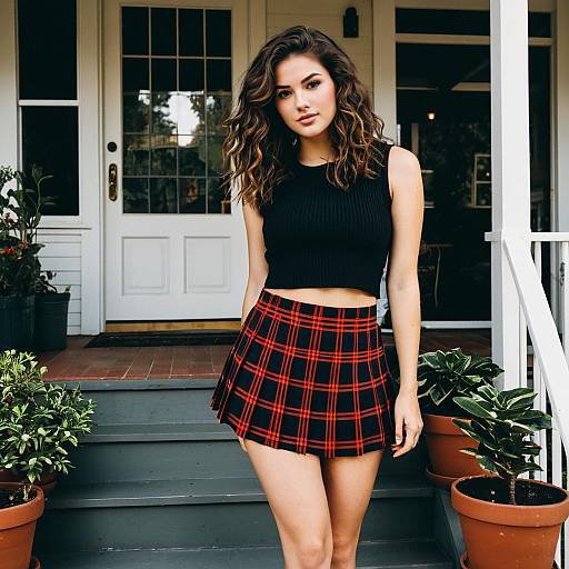 Young Woman in Black Crop Top and Red Plaid Skirt on Porch Steps