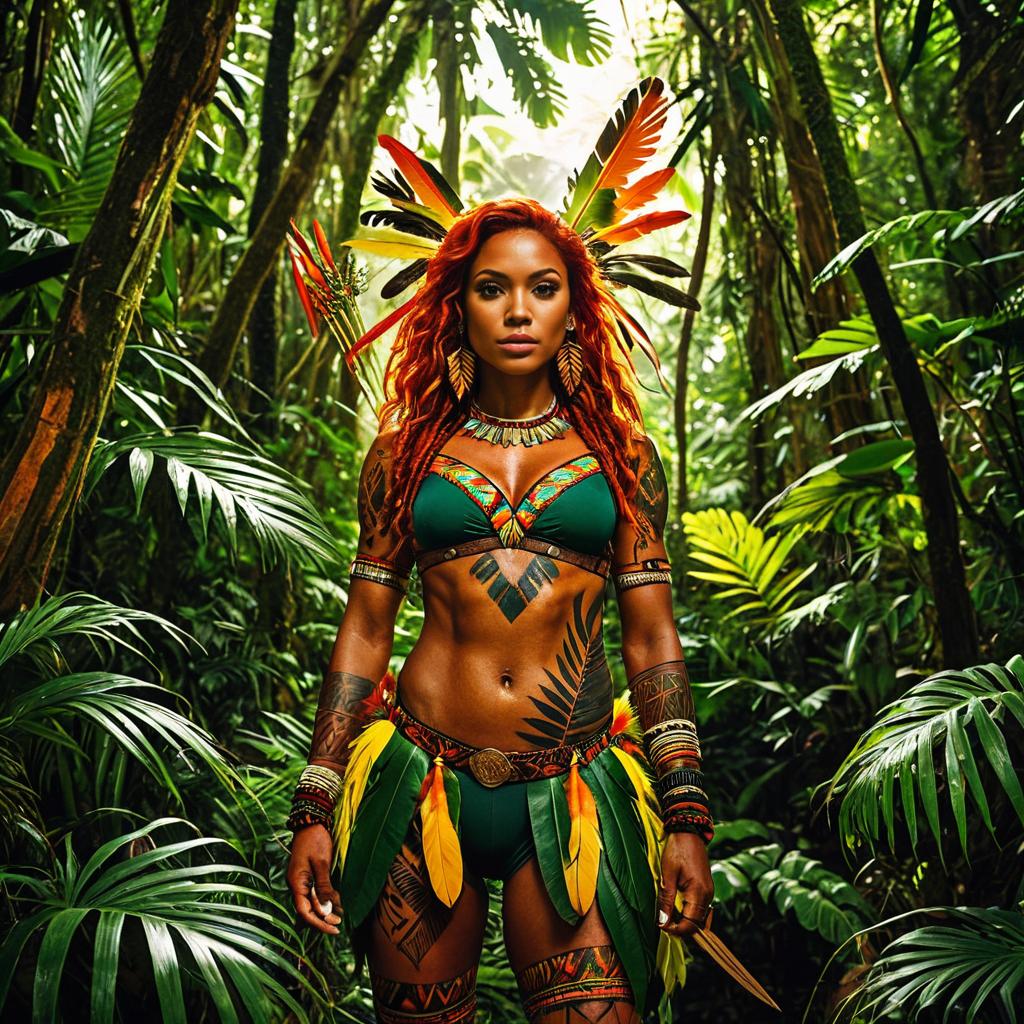 Tribal Woman in Vibrant Feathered Headdress and Jungle Outfit