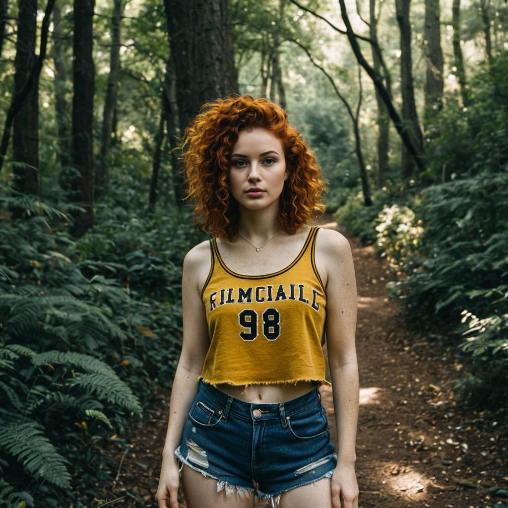 Young Woman with Curly Red Hair in Casual Outfit on Forest Trail