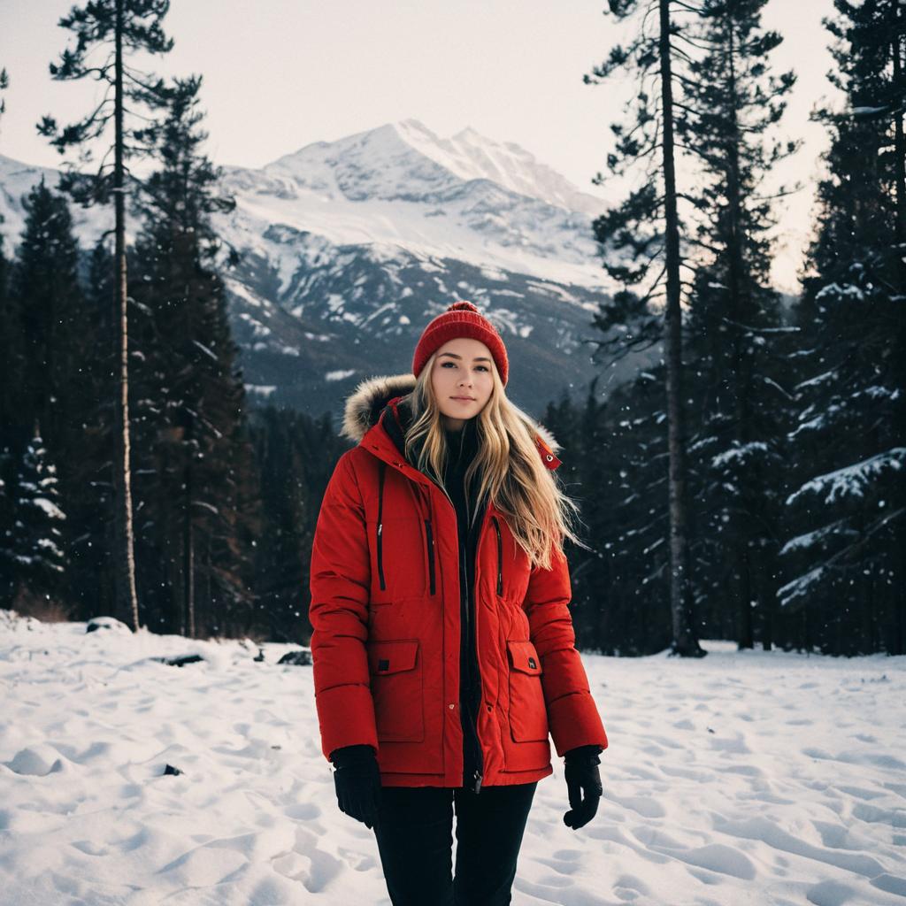 Young Woman in Red Winter Jacket in Snowy Mountain Forest