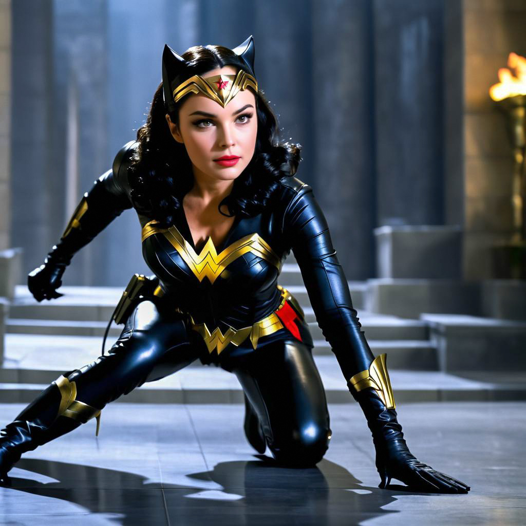 Woman in Dual-Themed Wonder Woman & Catwoman Costume