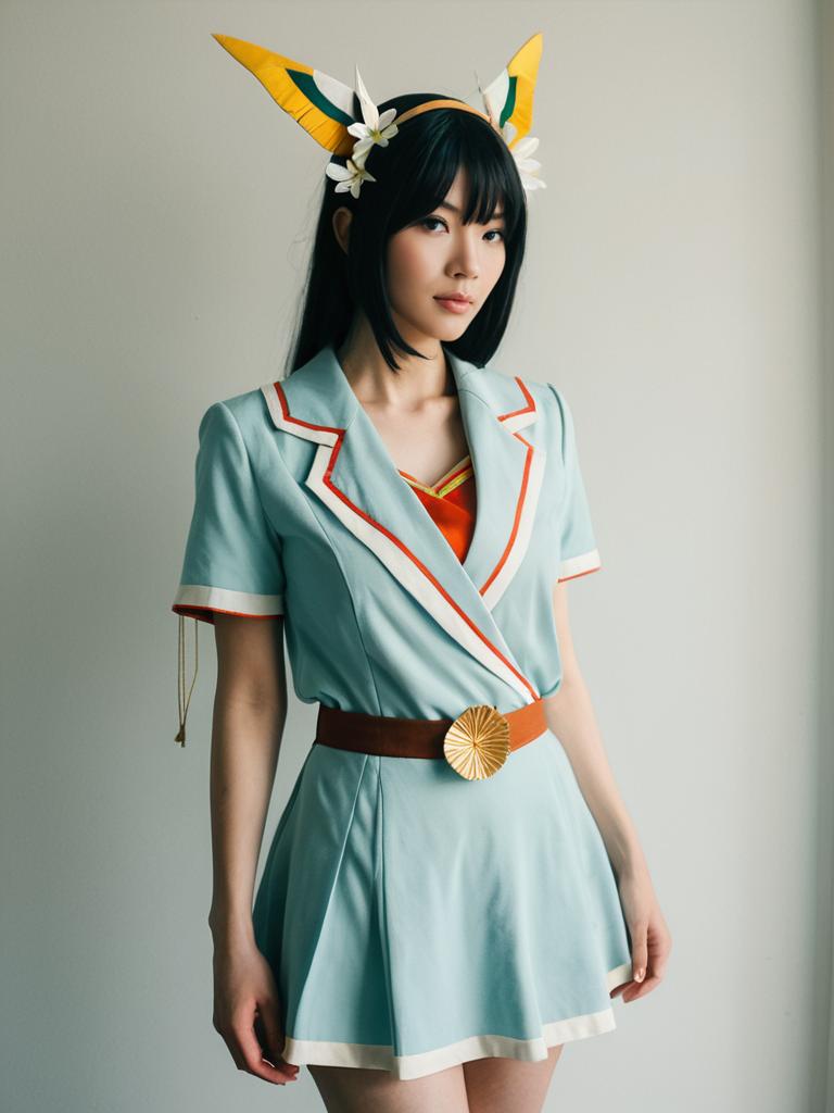 Sexy Anime-Inspired Mabui Cosplay Woman in Light Blue Dress with Horn Accessories