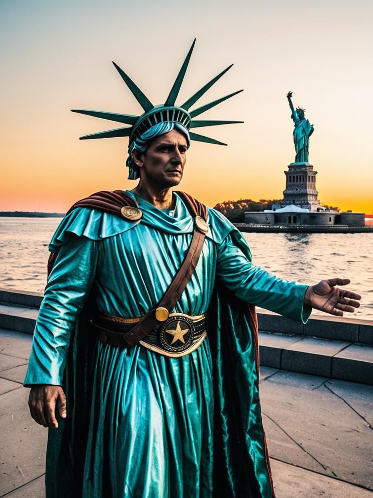 Man in Photorealistic Statue of Liberty Costume with Real Statue at Sunset