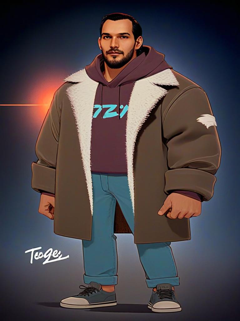 Stylized illustration of a man in shearling coat and hoodie Stylized illustration of a man in shearling coat and hoodie