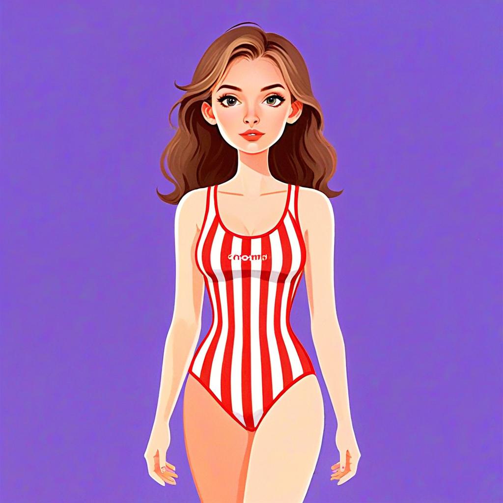Woman with Pretty Face and Hair in Sporty Red and White Striped Beachwear Illustration