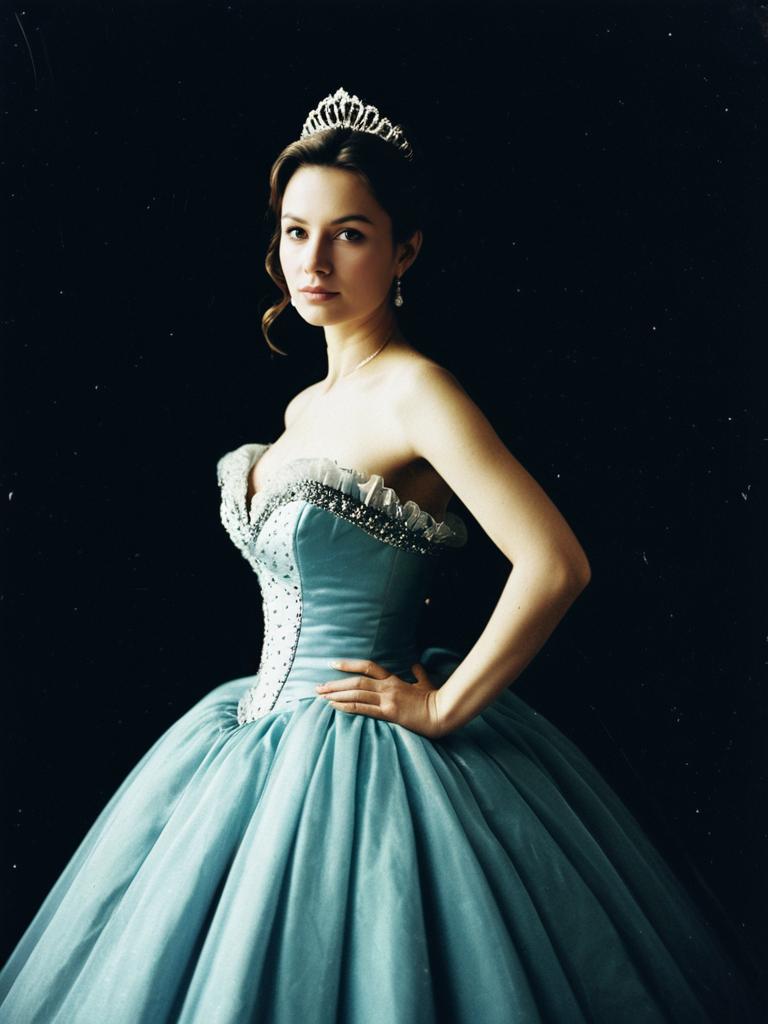 Woman in Light Blue Mini Ball Gown Waist Up Portrait Photorealistic