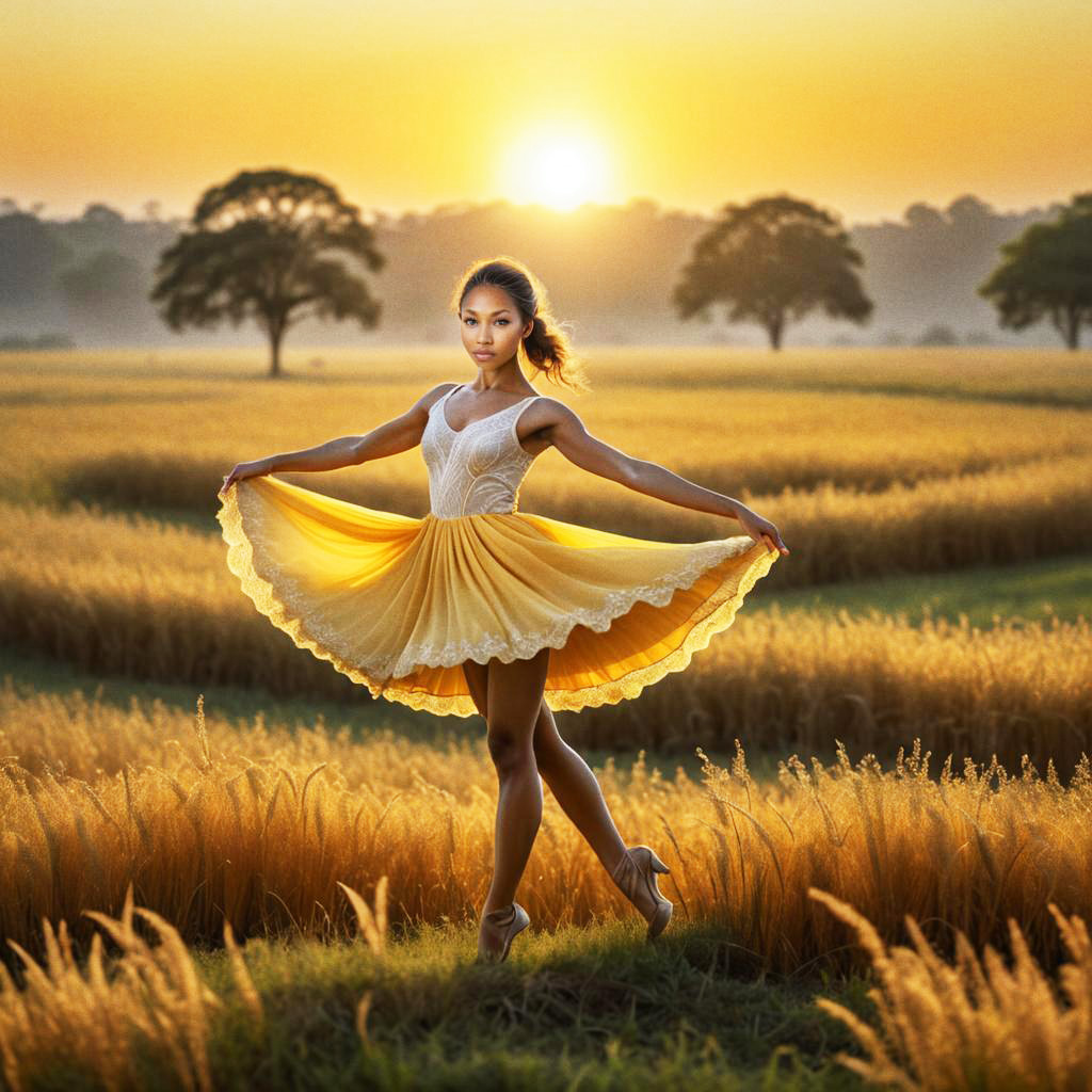 Ballet Dancer in Yellow Dress at Sunrise