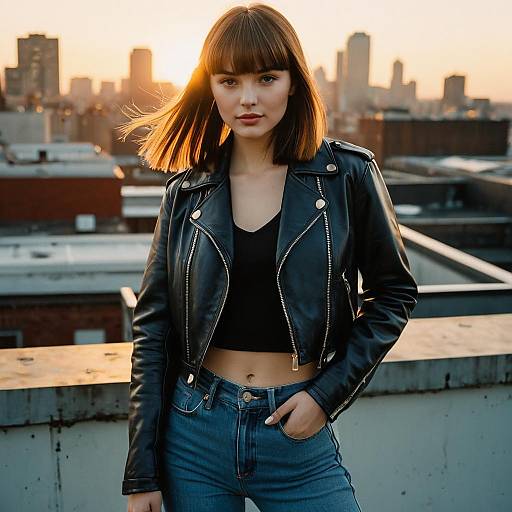 Young Woman in Leather Jacket on Rooftop at Sunset with City Skyline