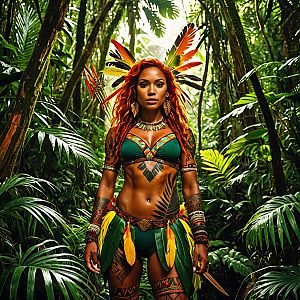 Tribal Woman in Vibrant Feathered Headdress and Jungle Outfit