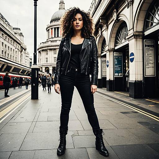 Confident Woman in Leather Jacket Standing on Busy City Street with Classic Architecture