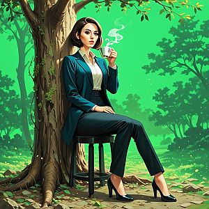 Confident Woman in Teal Suit Enjoying Coffee in Forest