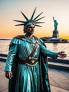 Man in Photorealistic Statue of Liberty Costume with Real Statue at Sunset