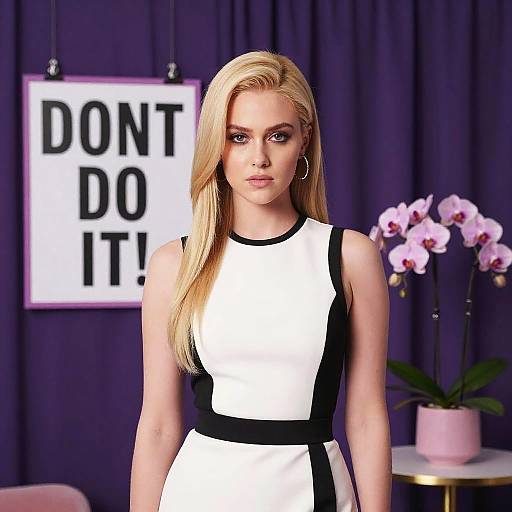 Blonde Woman in Black and White Dress with 'DONT DO IT!' Sign and Orchid