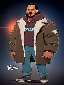 Stylized illustration of a man in shearling coat and hoodie