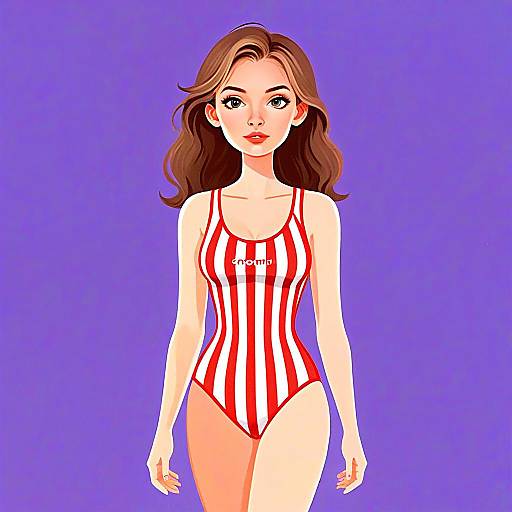 Woman with Pretty Face and Hair in Sporty Red and White Striped Beachwear Illustration