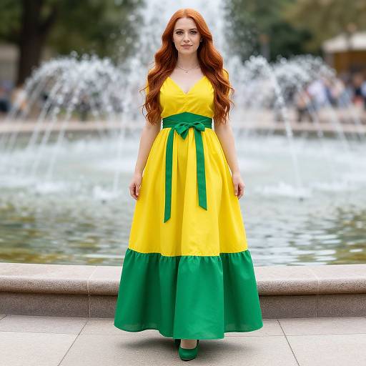 Woman in Yellow and Green Dress Standing by Fountain